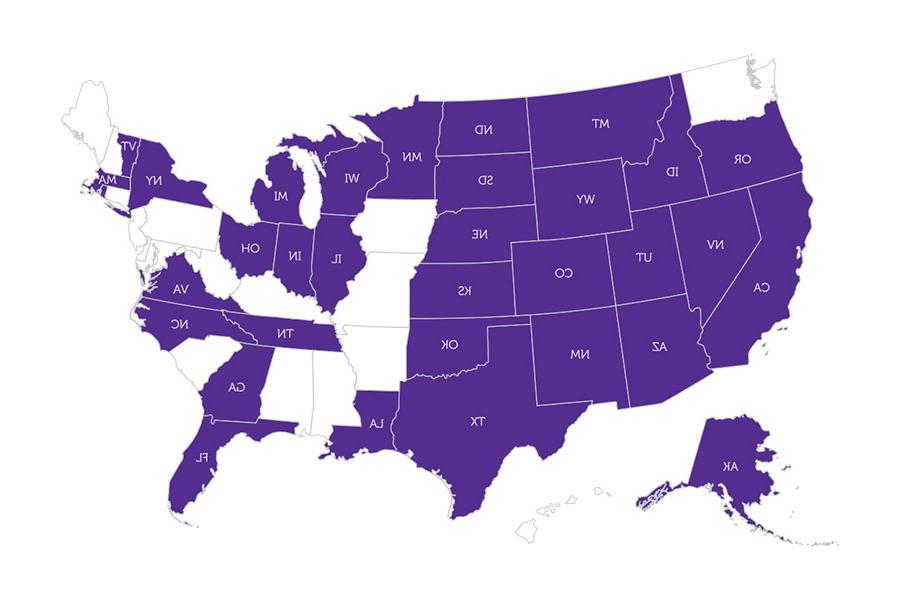 首页 States of PTA Online Students. The states colored purple show where online students reside